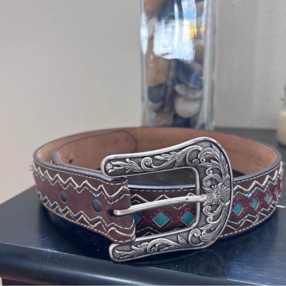 Ariat Western Tooled Leather Belt with Turquoise